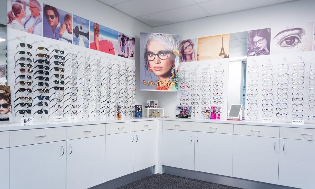 Eyeglasses wall at Tweed Heads optometrist